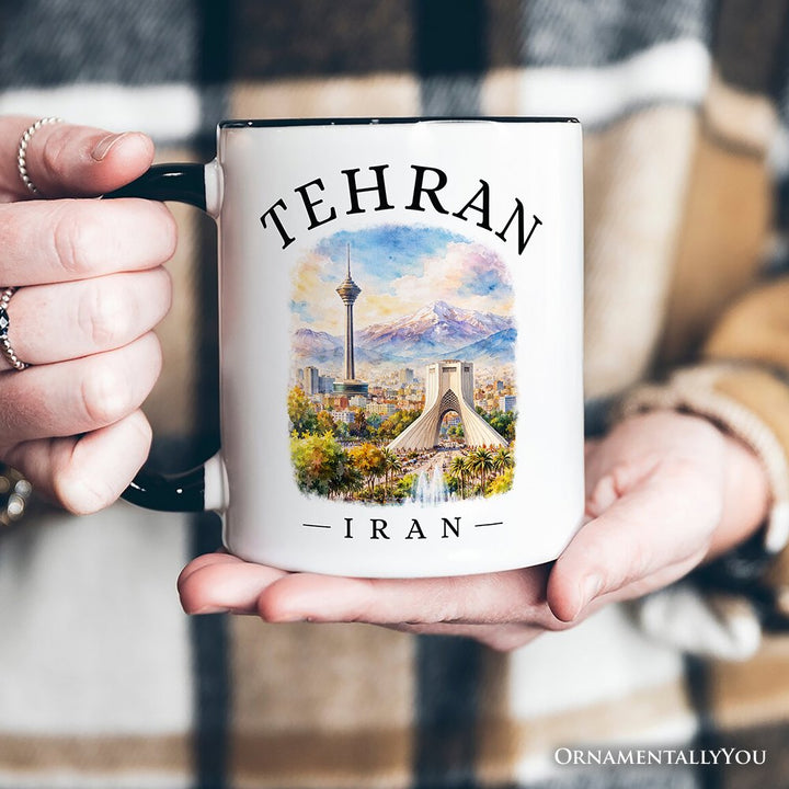 Watercolor Tehran Cityscape Mug, Iran Landmarks Azadi and Milad Tower Gift Personalized Ceramic Mug OrnamentallyYou 