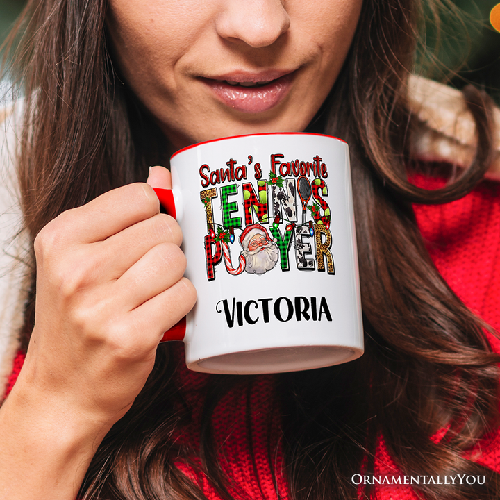 Santa’s Favorite Tennis Player Personalized Mug, Plaid Christmas Athelete Gift with Custom Name