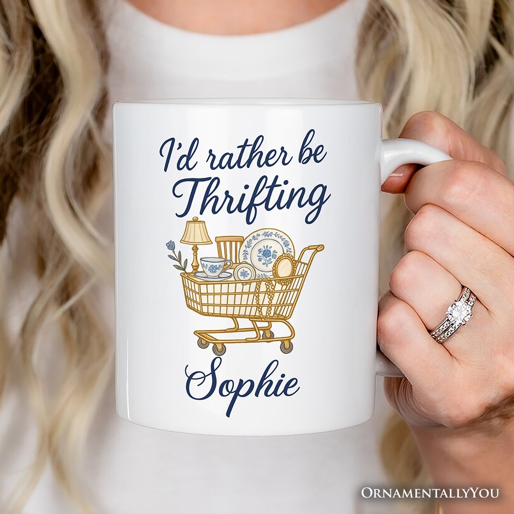 I’d Rather Be Thrifting Personalized Mug, Vintage Thrift Shop Lover Gift with Custom Name Personalized Ceramic Mug OrnamentallyYou 