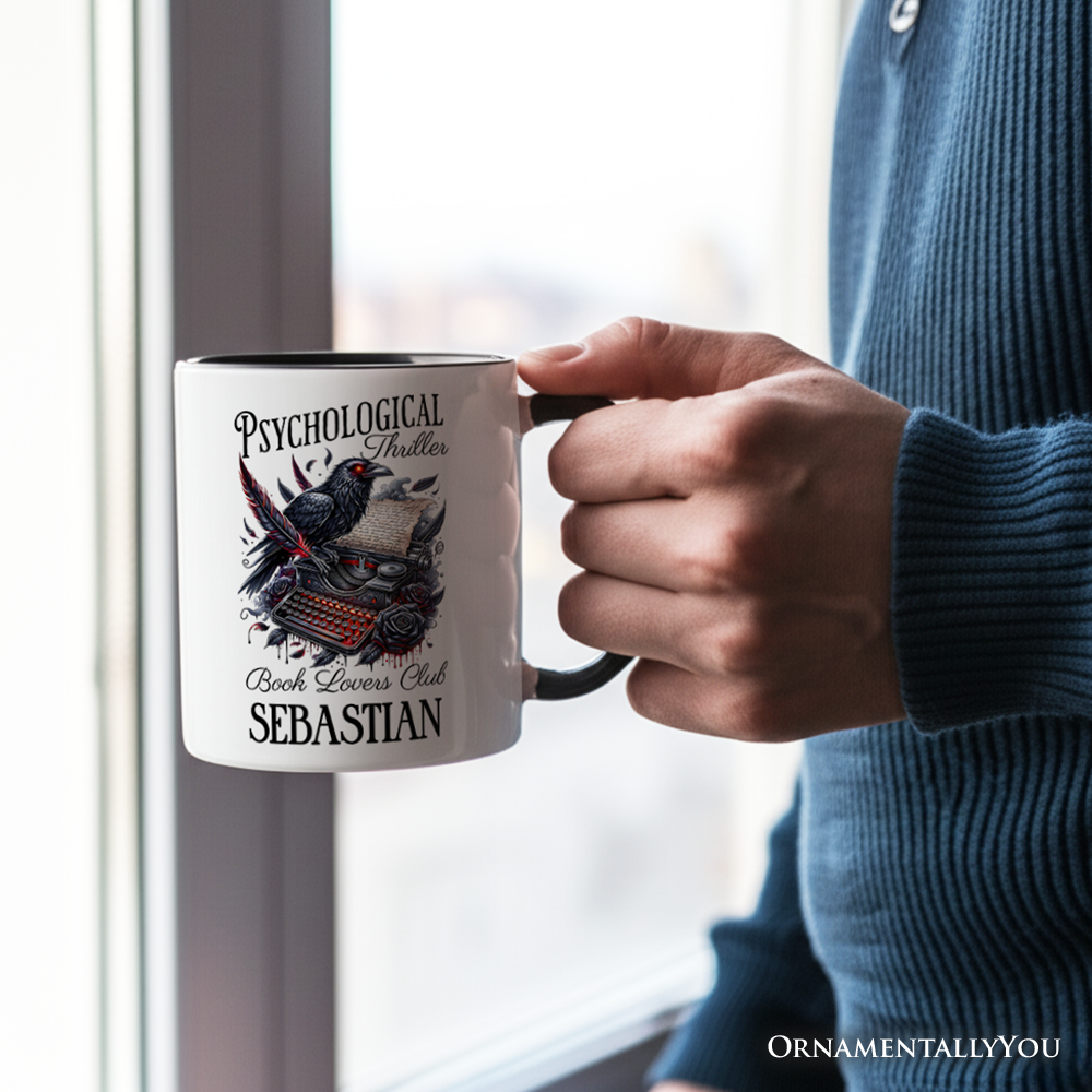 Psychological Thriller Book Lovers Club Personalized Mug, Gothic Raven Typewriter Bookish Gift with Custom Name