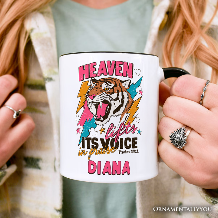 Heaven Lifts its Voice in Praise Christian Personalized Mug, Tiger Psalm 19:1 Bible Verse Gift with Custom Name