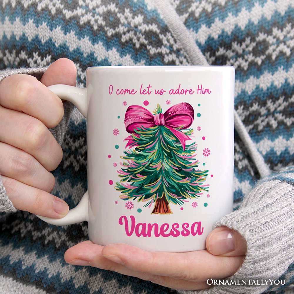 Glitter Christmas Tree Coquette Bow Personalized Mug, O Come Let Us Adore Him Holiday Gift with Custom Name Personalized Ceramic Mug OrnamentallyYou 