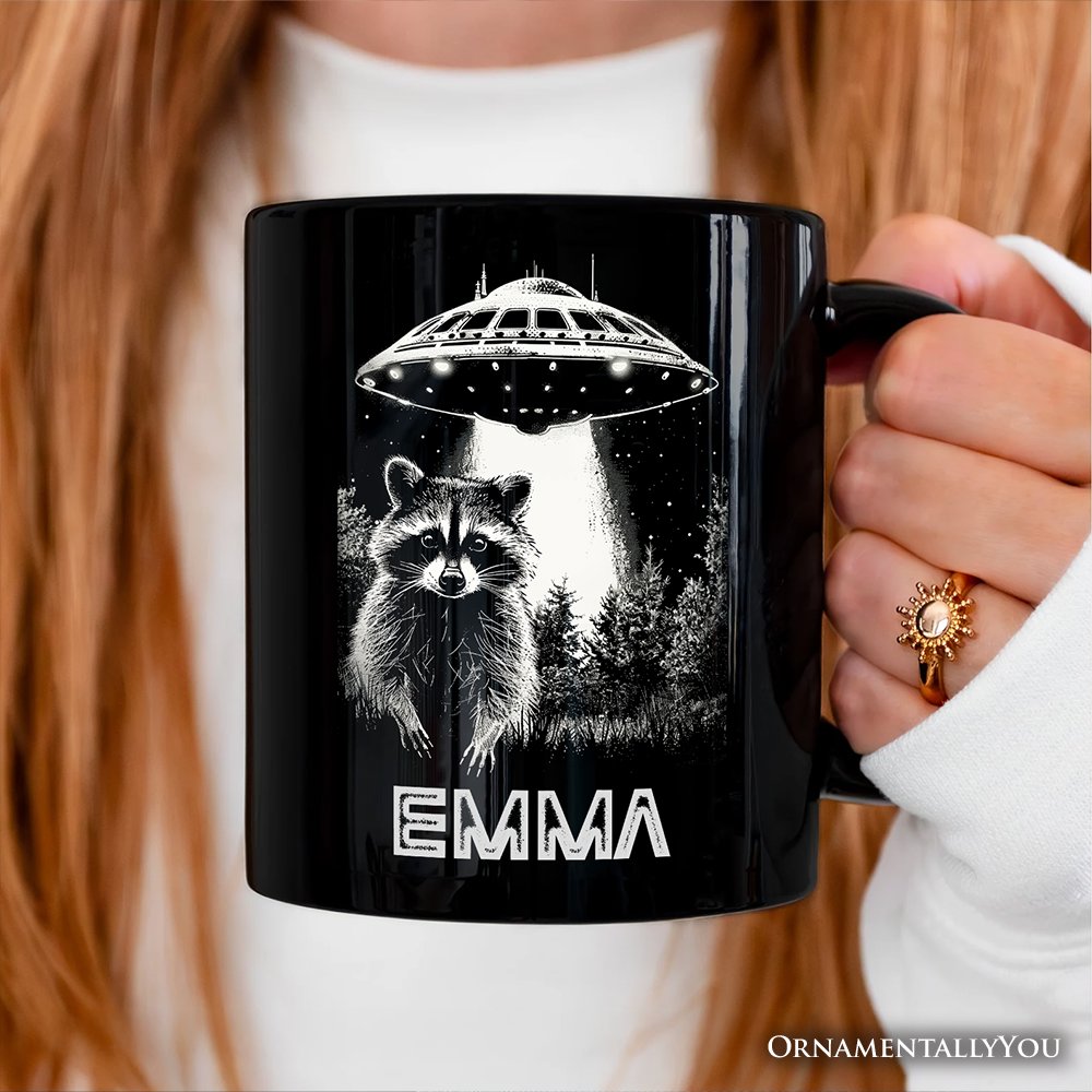 Funny UFO Raccoon Personalized Mug, Alien Gift with Custom Name Personalized Ceramic Mug OrnamentallyYou 