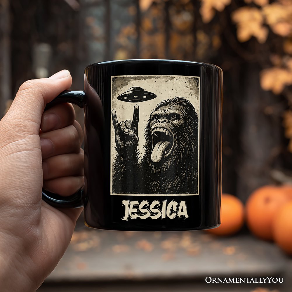 Bigfoot UFO Funny Personalized Mug, Rock and Roll Sasquatch Meme Gift with Custom Name Personalized Ceramic Mug OrnamentallyYou 