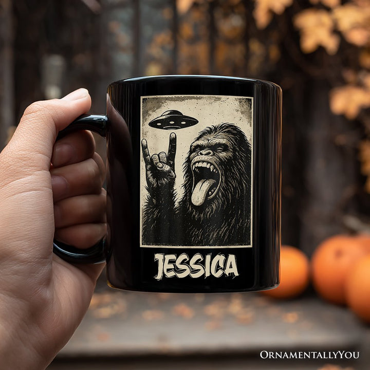 Bigfoot UFO Funny Personalized Mug, Rock and Roll Sasquatch Meme Gift with Custom Name Personalized Ceramic Mug OrnamentallyYou 