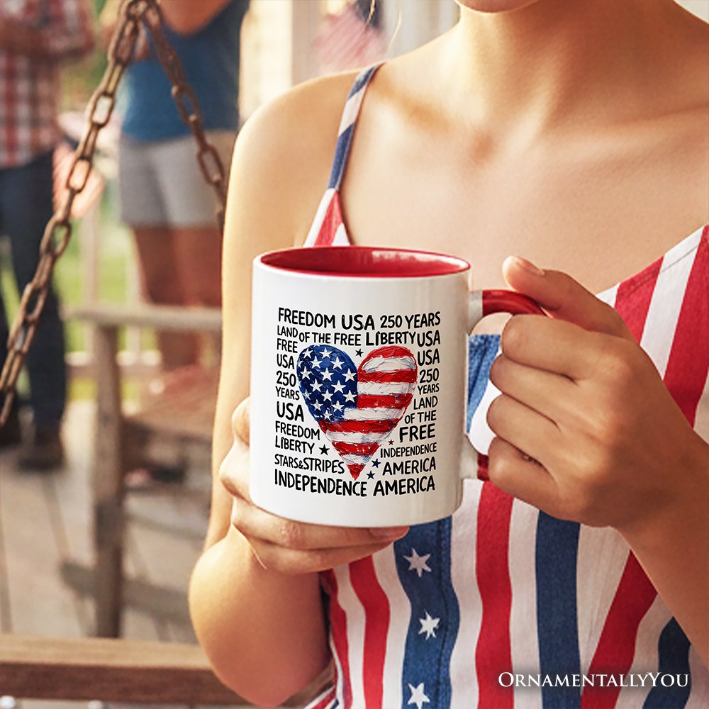 USA 250 Heart Patriotic Mug, Retro 4th of July Gift Personalized Ceramic Mug OrnamentallyYou 