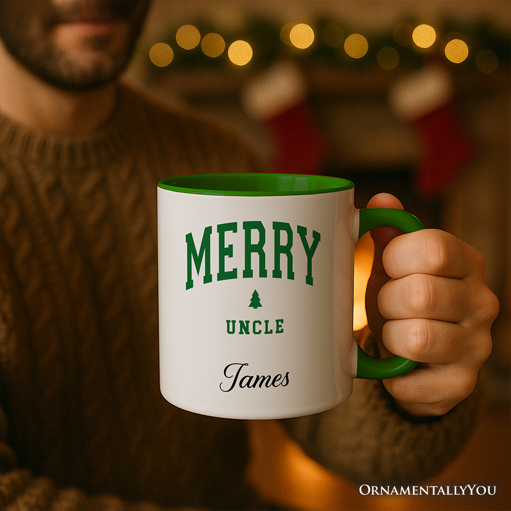 Merry Uncle Retro Christmas Personalized Mug, Matching Family Holiday Gift with Custom Name