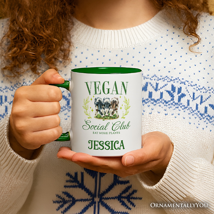 Vegan Social Club Personalized Mug, Cute Plant Based Vegetarian Animal Lover Gift with Custom Name