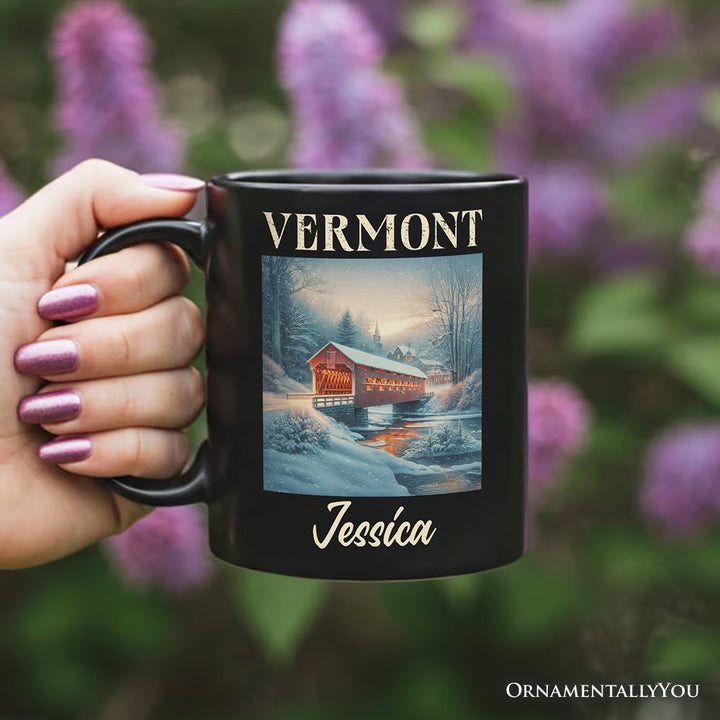 Rustic Red Covered Bridge Vermont State Personalized Mug, New England Historical Gift and Travel Souvenir with Custom Name Personalized Ceramic Mug OrnamentallyYou 