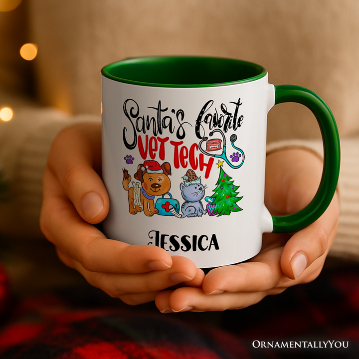 Santa’s Favorite Vet Tech Christmas Personalized Mug, Appreciation Gift for Veterinary Technician with Custom Name