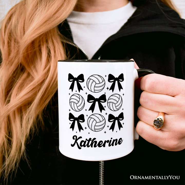 Coquette Volleyball Bows Personalized Mug, Cute Athletic Sports Game Day Gift with Custom Name