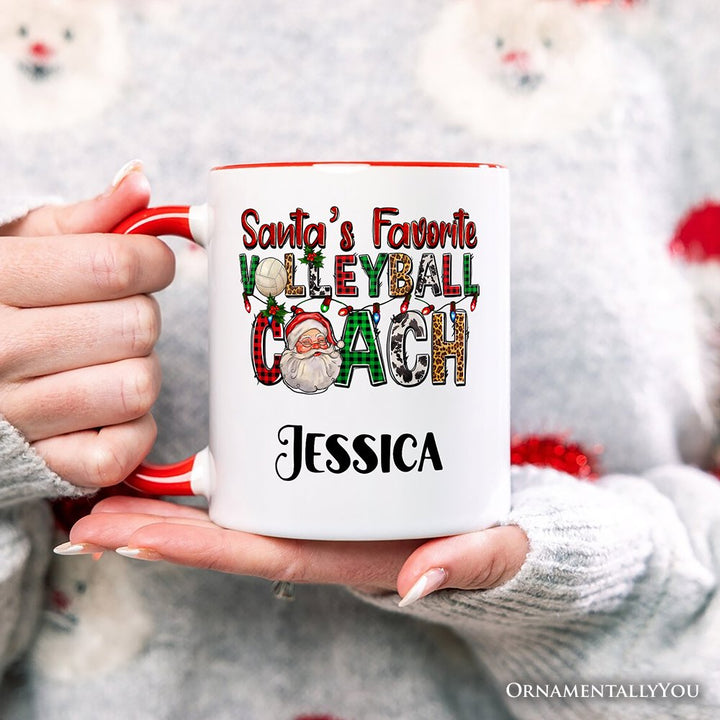 Santa’s Favorite Volleyball Coach Personalized Mug, Plaid Christmas Sports Gift with Custom Name Personalized Ceramic Mug OrnamentallyYou 