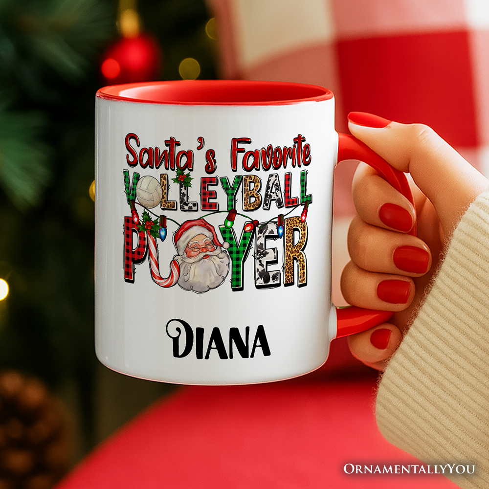 Santa’s Favorite Volleyball Player Personalized Mug, Plaid Christmas Sports Gift with Custom Name