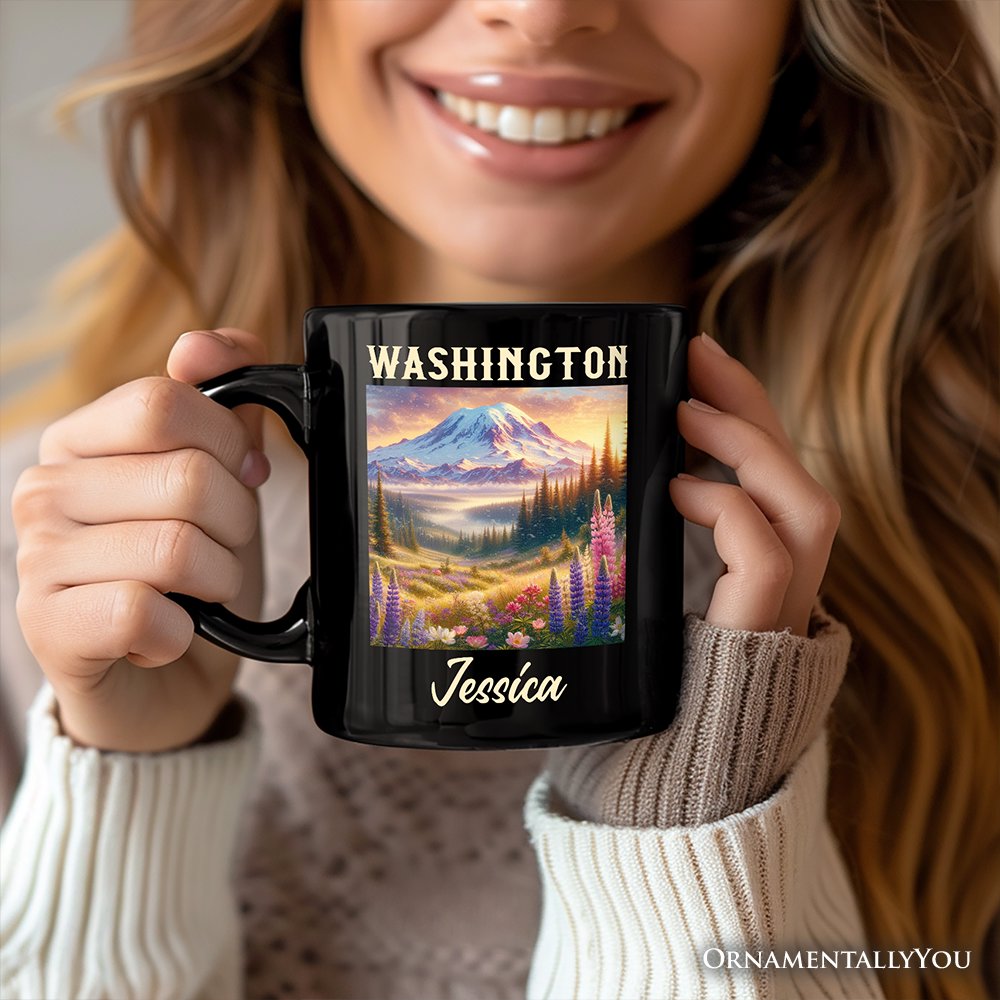 Artistic Mount Rainier Washington State Personalized Mug, National Park Gift and Pacific Northwest Souvenir with Custom Name Personalized Ceramic Mug OrnamentallyYou 