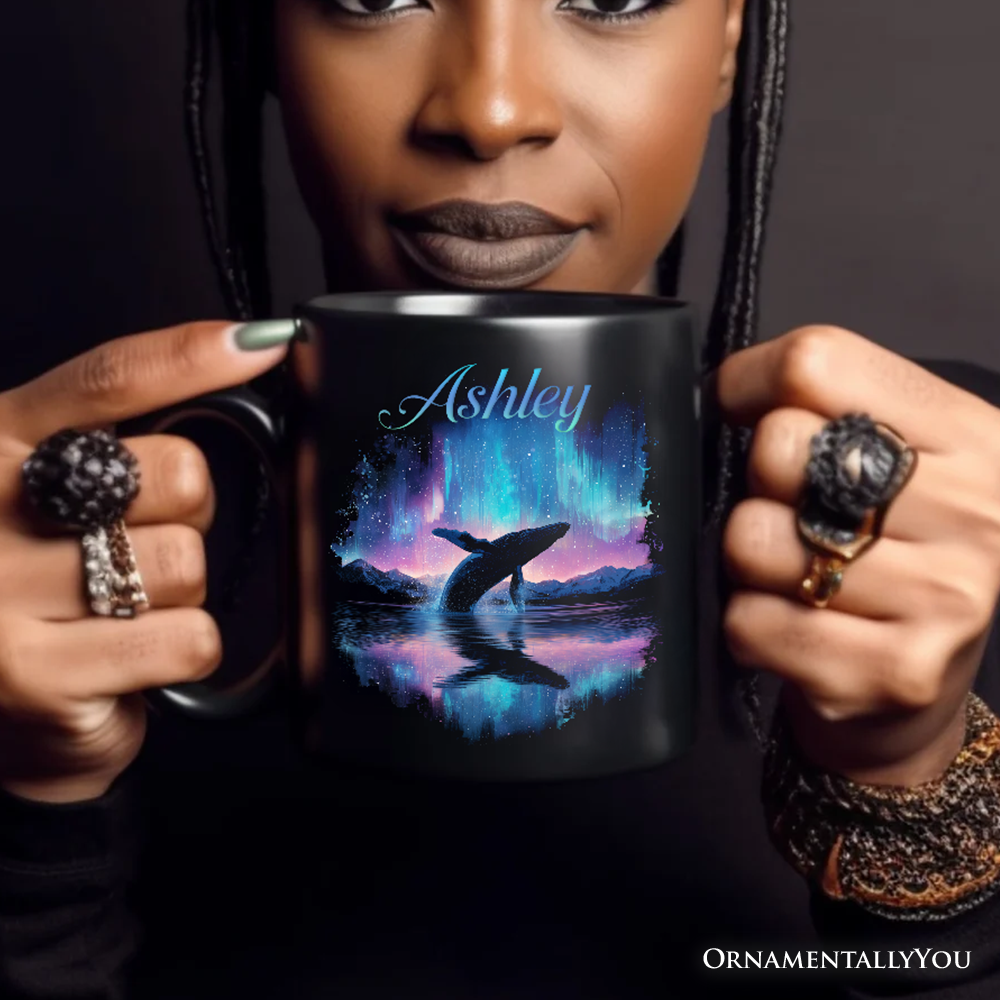 Ocean Aurora Whale Personalized Mug, Northern Lights Wildlife Gift with Custom Name