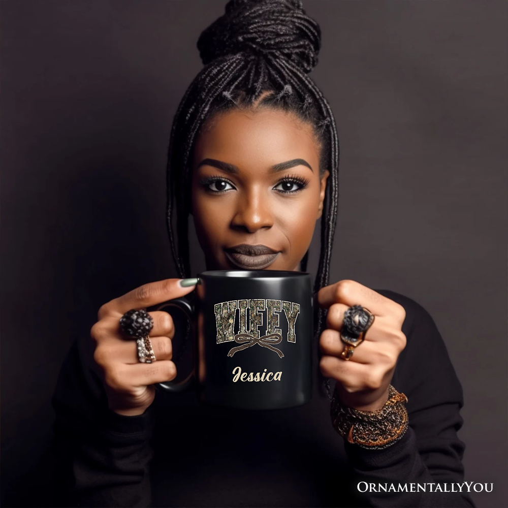 Hunting Wifey Camo Varsity Personalized Mug, Country Wife Bow Gift with Custom Name