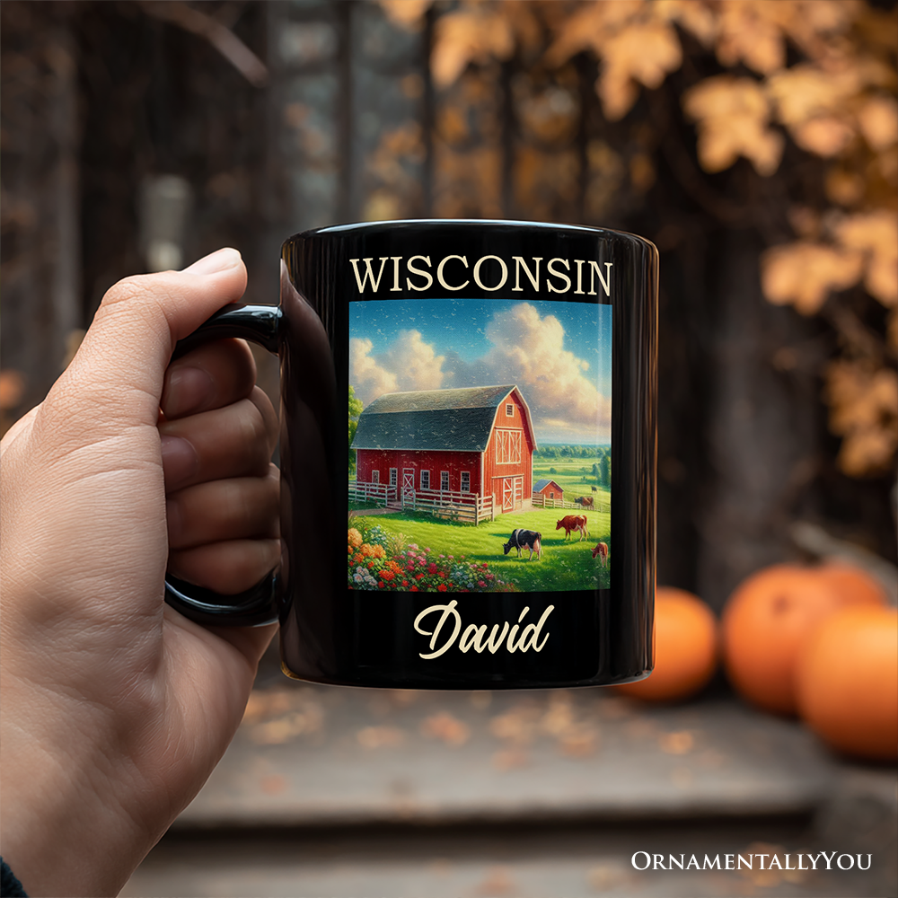 Vintage Wisconsin Farm Landscape Personalized Mug, Midwest Red Barn Gift and Countryside Souvenir with Custom Name