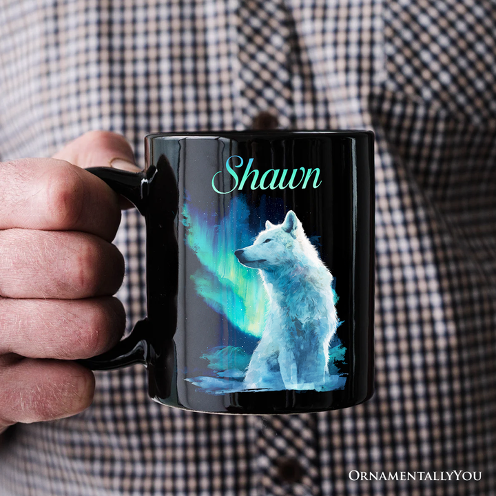 Wild Aurora White Wolf Personalized Mug, Northern Lights Arctic Wolf Gift with Custom Name