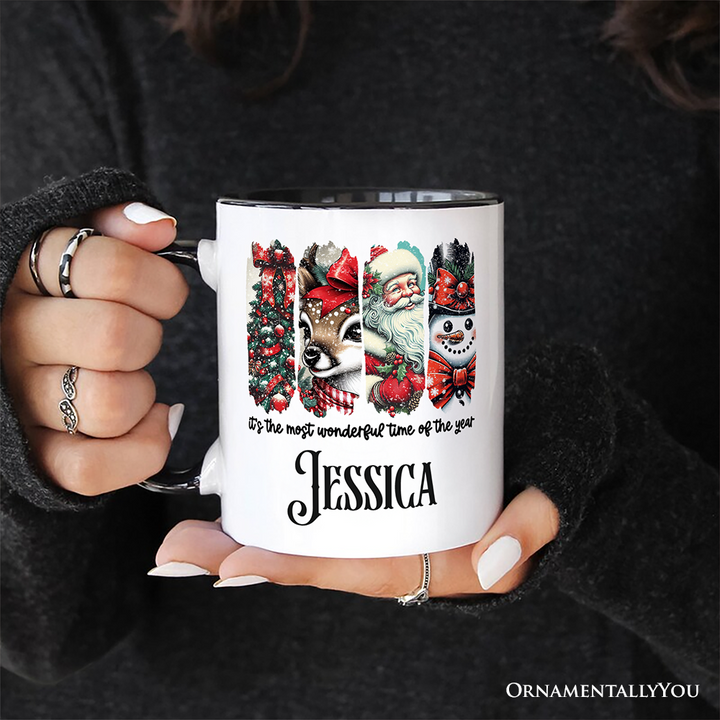 It's the Most Wonderful Time of The Year Personalized Mug, Reindeer, Santa, Snowman Vintage Gift with Custom Name