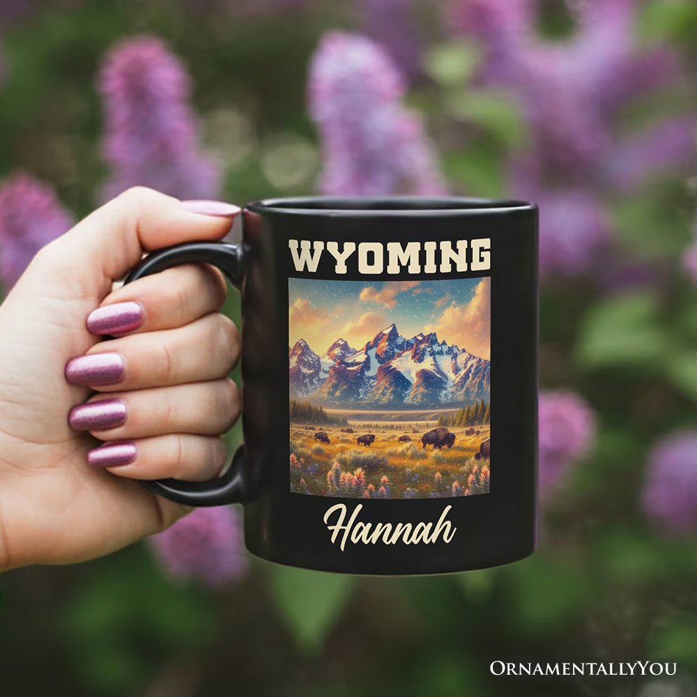 Majestic Wyoming State Prairie Personalized Mug, Grand Teton Bison Gift and Western Landscape Souvenir with Custom Name Personalized Ceramic Mug OrnamentallyYou 