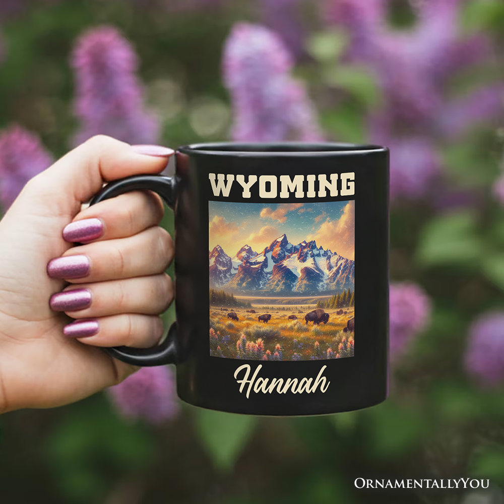 Majestic Wyoming State Prairie Personalized Mug, Grand Teton Bison Gift and Western Landscape Souvenir with Custom Name