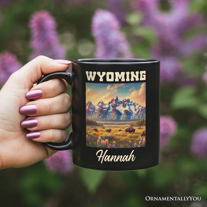 Majestic Wyoming State Prairie Personalized Mug, Grand Teton Bison Gift and Western Landscape Souvenir with Custom Name