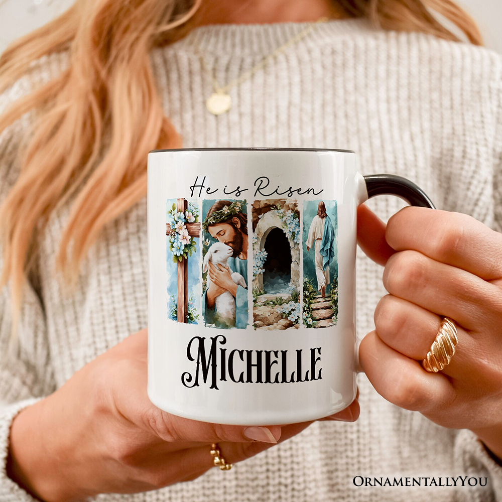 He Is Risen Christian Brushstroke Personalized Mug, Festive Easter Gift with Custom Name