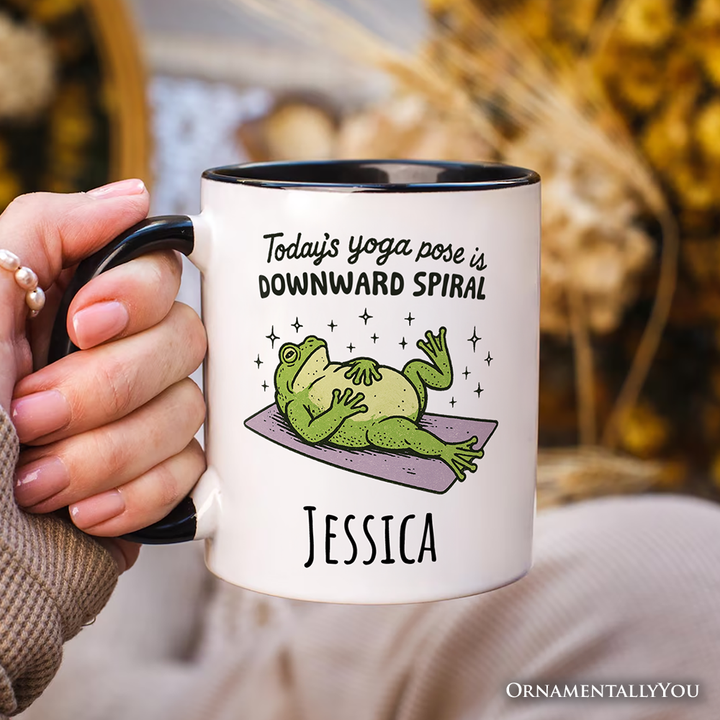 Yoga Frog Downward Spiral Personalized Mug, Funny Mental Health Humor Gift with Custom Name