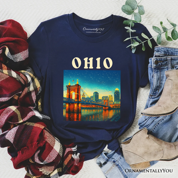 Charming Ohio State Cityscape and Landmark T-Shirt, Cincinnati Night Bridge Tee and Midwest Skyline Souvenir