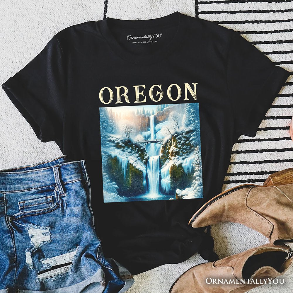 Enchanting Oregon State Multnomah Falls Winter T-Shirt, Pacific Northwest Waterfall Tee and Souvenir T-Shirts OrnamentallyYou Black XS 
