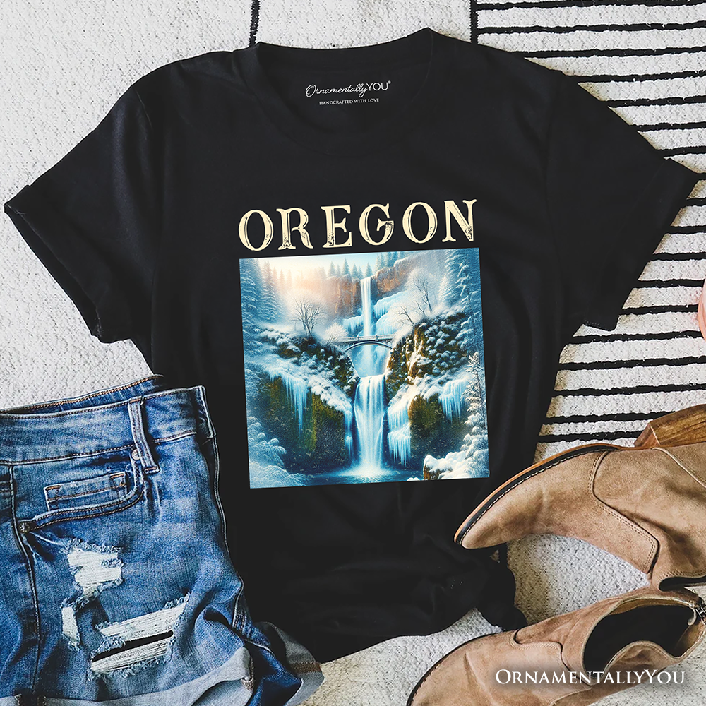 Enchanting Oregon State Multnomah Falls Winter T-Shirt, Pacific Northwest Waterfall Tee and Souvenir