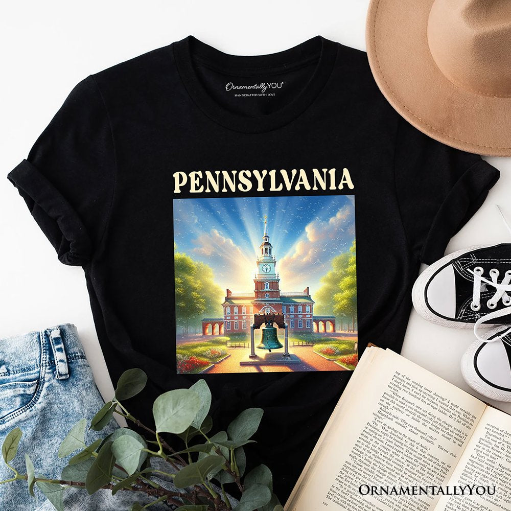 Historic Liberty Bell and Independence Hall Pennsylvania State T-Shirt, Colonial Landmark Tee and Travel Souvenir T-Shirts OrnamentallyYou Black XS 
