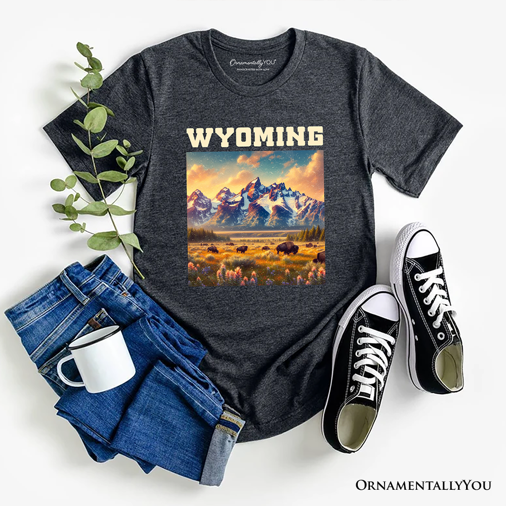Majestic Wyoming State Prairie T-Shirt, Grand Teton Bison Tee and Western Landscape Souvenir