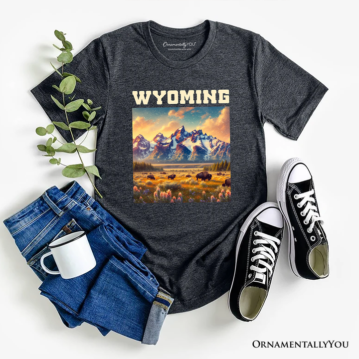 Majestic Wyoming State Prairie T-Shirt, Grand Teton Bison Tee and Western Landscape Souvenir