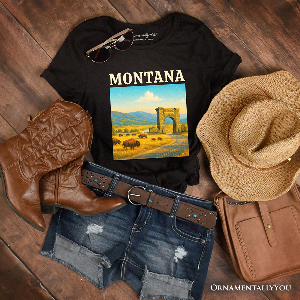 Rustic Montana State Wildlife and Landmark T-Shirt, Yellowstone Entrance Tee and Western Prairie Souvenir