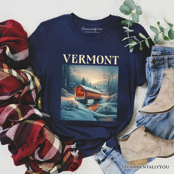 Rustic Red Covered Bridge Vermont State T-Shirt, New England Historical Tee and Travel Souvenir T-Shirts OrnamentallyYou Navy XS 