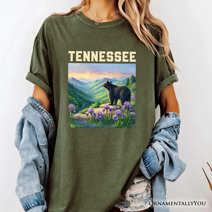 Scenic Tennessee State Great Smoky Mountains T-Shirt, Black Bear and Wildflower Nature Tee  and Travel Souvenir