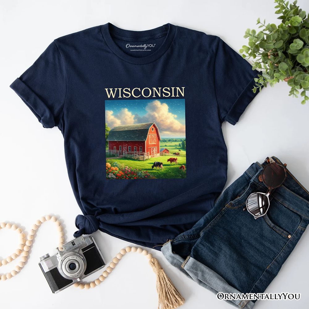 Vintage Wisconsin Farm Landscape T-Shirt, Midwest Red Barn Tee and Countryside Souvenir