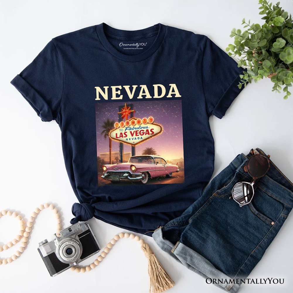 Vintage Nevada State Las Vegas Sign Ornament, Retro Pink Cadillac Tee and Desert City Souvenir T-Shirts OrnamentallyYou Navy XS 