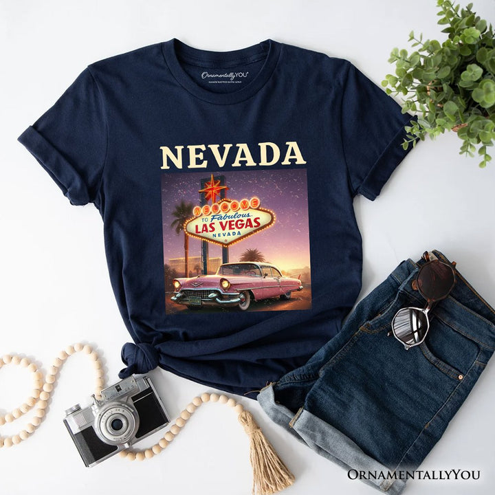 Vintage Nevada State Las Vegas Sign Ornament, Retro Pink Cadillac Tee and Desert City Souvenir T-Shirts OrnamentallyYou Navy XS 