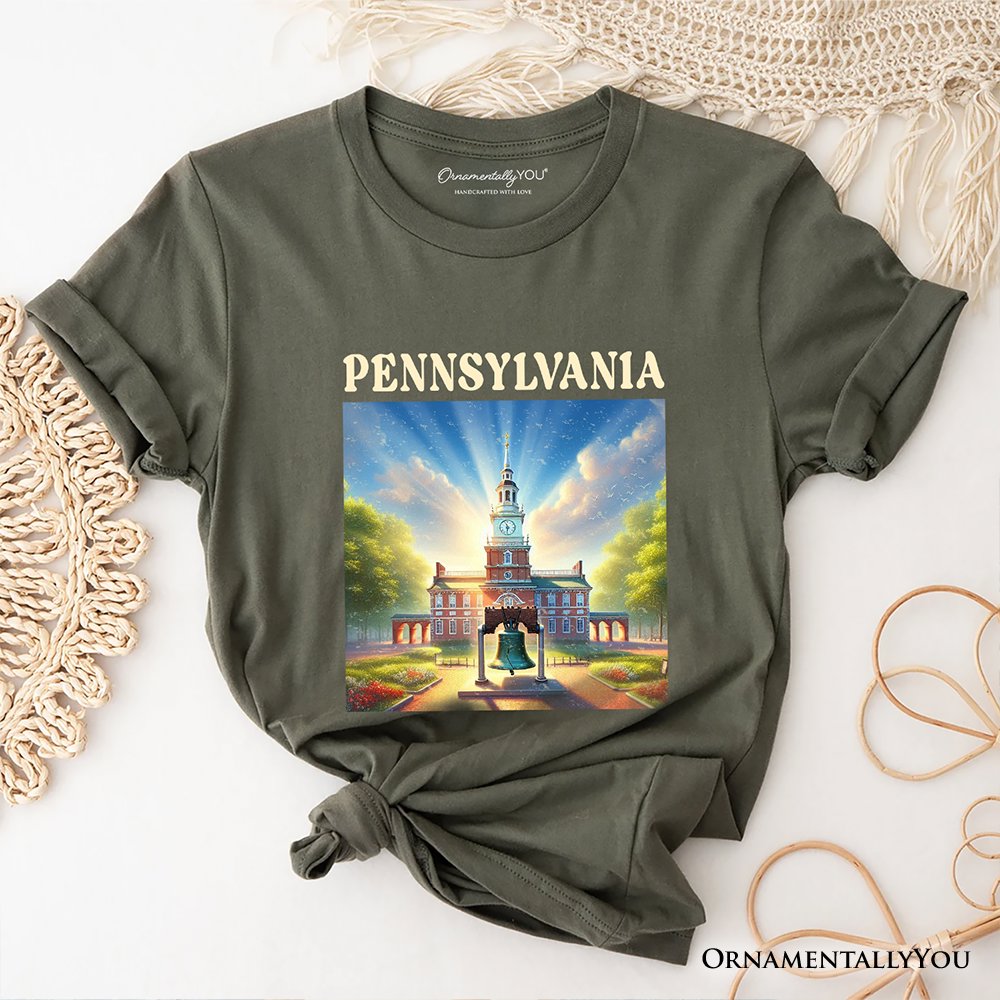 Historic Liberty Bell and Independence Hall Pennsylvania State T-Shirt, Colonial Landmark Tee and Travel Souvenir T-Shirts OrnamentallyYou Military Green XS 