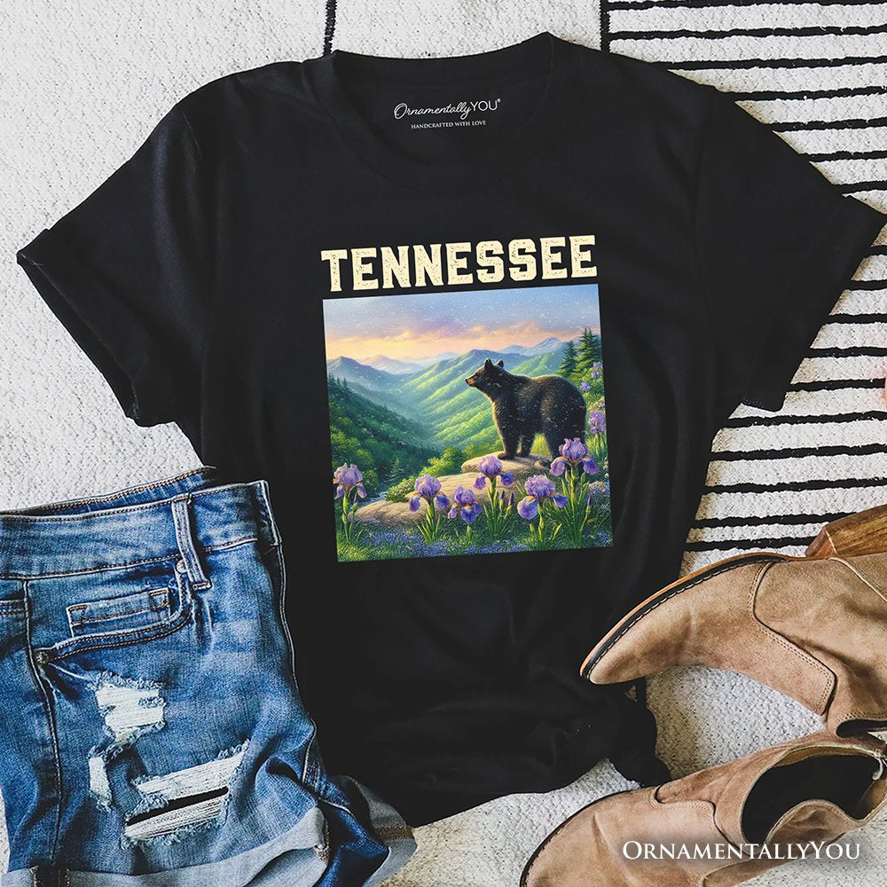 Scenic Tennessee State Great Smoky Mountains T-Shirt, Black Bear and Wildflower Nature Tee and Travel Souvenir T-Shirts OrnamentallyYou Black XS 