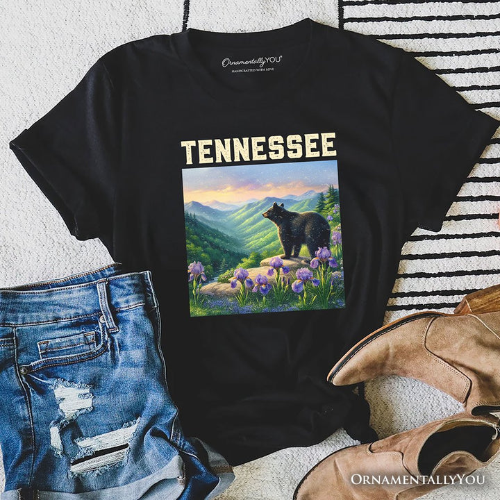 Scenic Tennessee State Great Smoky Mountains T-Shirt, Black Bear and Wildflower Nature Tee and Travel Souvenir T-Shirts OrnamentallyYou Black XS 