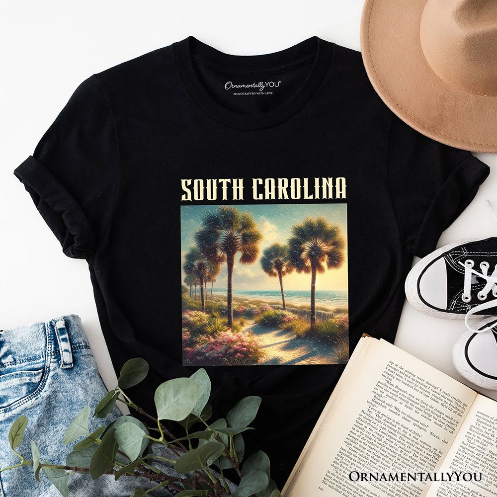 Serene South Carolina State Palmetto Beach Scene T-Shirt, Coastal Tee and Tropical Keepsake Souvenir T-Shirts OrnamentallyYou Black XS 