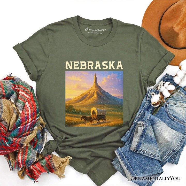 Scenic Nebraska State Chimney Rock Scenic T-Shirt, Western Landmark Tee and Historic Trail Keepsake Souvenir T-Shirts OrnamentallyYou Military Green XS 