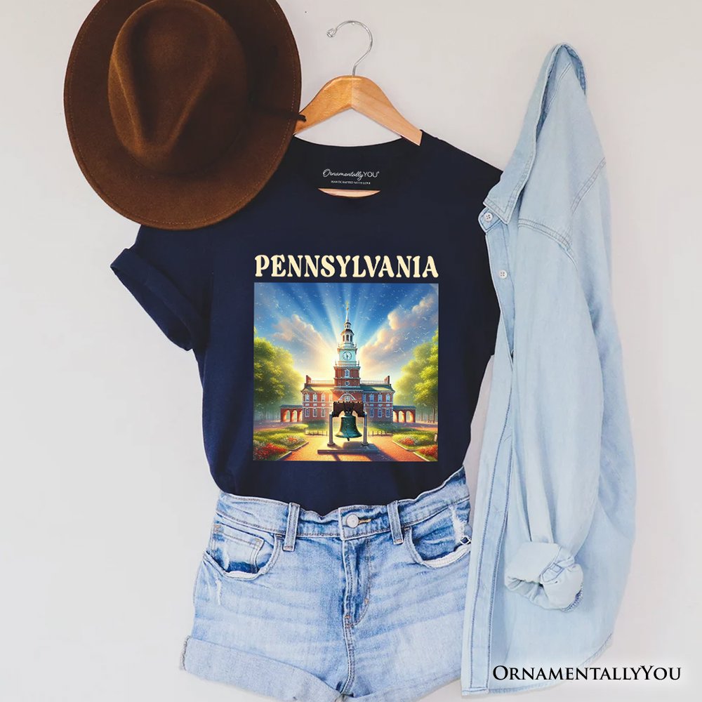 Historic Liberty Bell and Independence Hall Pennsylvania State T-Shirt, Colonial Landmark Tee and Travel Souvenir T-Shirts OrnamentallyYou Navy XS 