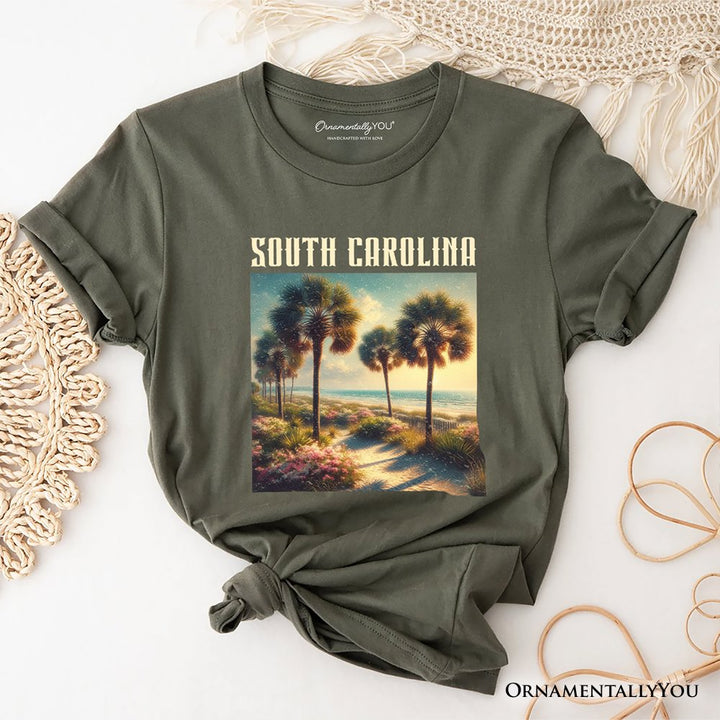 Serene South Carolina State Palmetto Beach Scene T-Shirt, Coastal Tee and Tropical Keepsake Souvenir T-Shirts OrnamentallyYou Military Green XS 