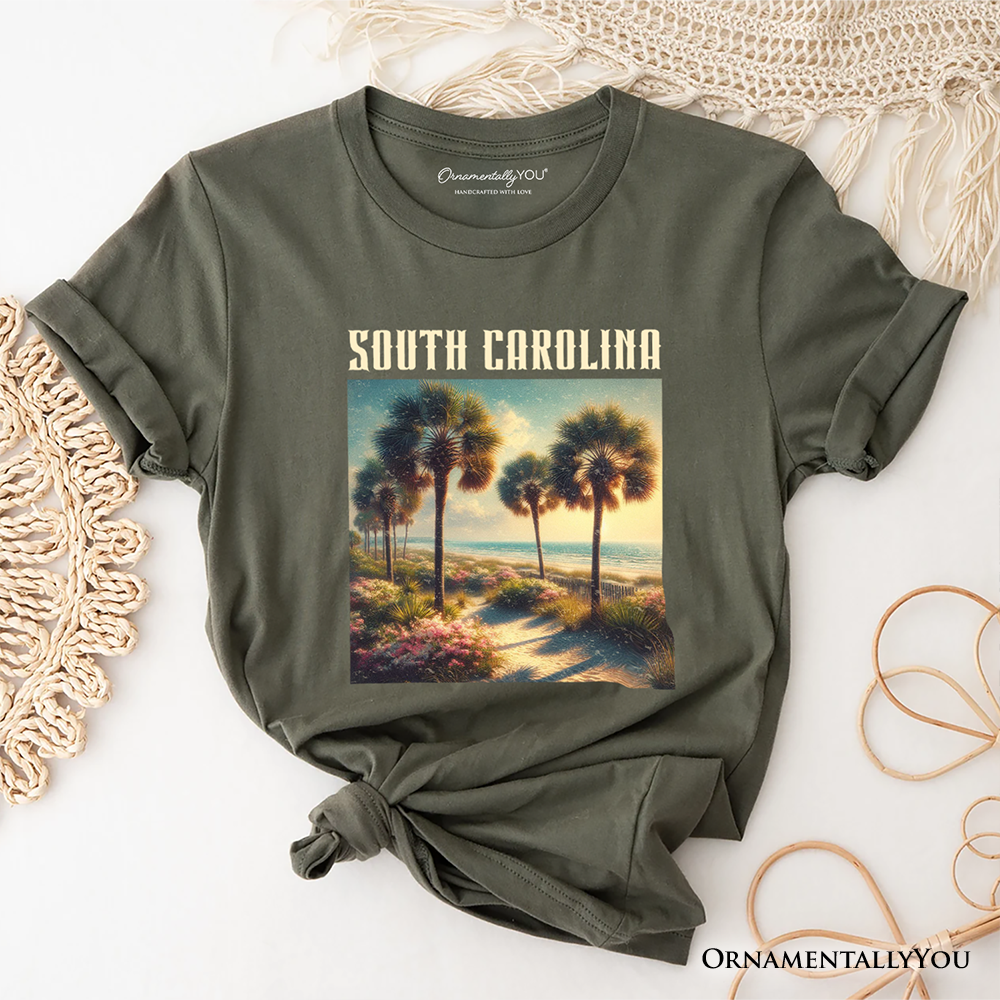 Serene South Carolina State Palmetto Beach Scene T-Shirt, Coastal Tee and Tropical Keepsake Souvenir