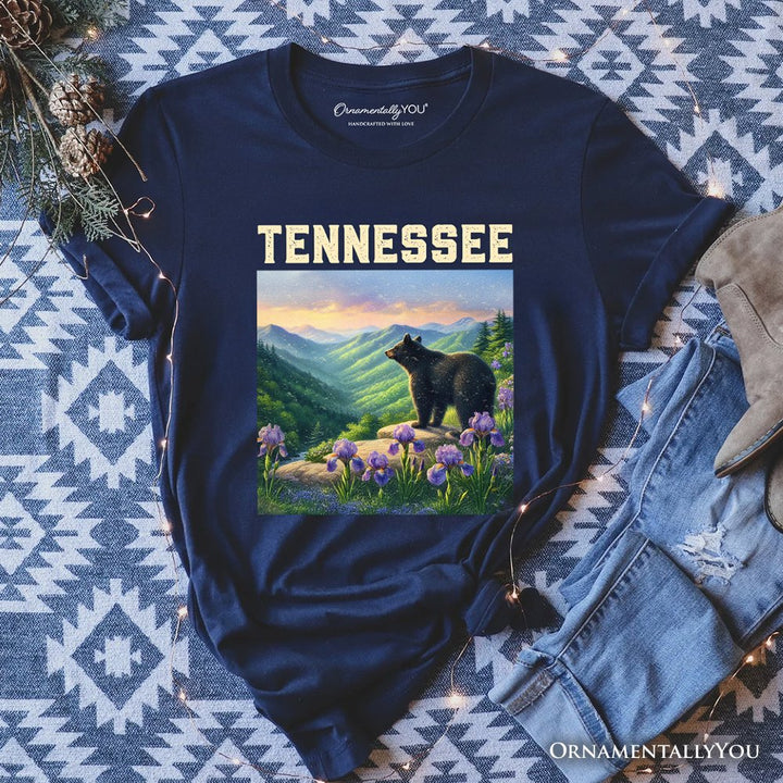 Scenic Tennessee State Great Smoky Mountains T-Shirt, Black Bear and Wildflower Nature Tee and Travel Souvenir T-Shirts OrnamentallyYou Navy XS 