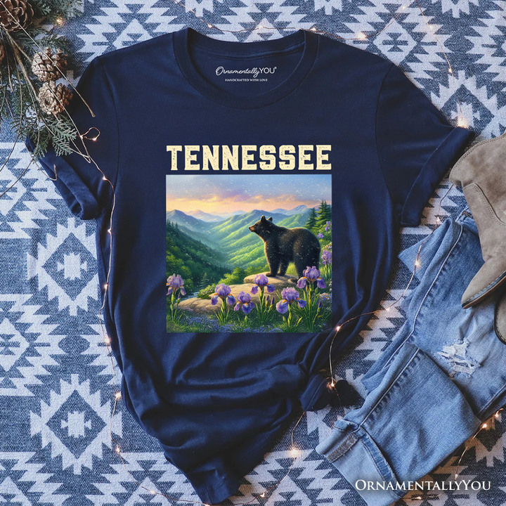 Scenic Tennessee State Great Smoky Mountains T-Shirt, Black Bear and Wildflower Nature Tee  and Travel Souvenir